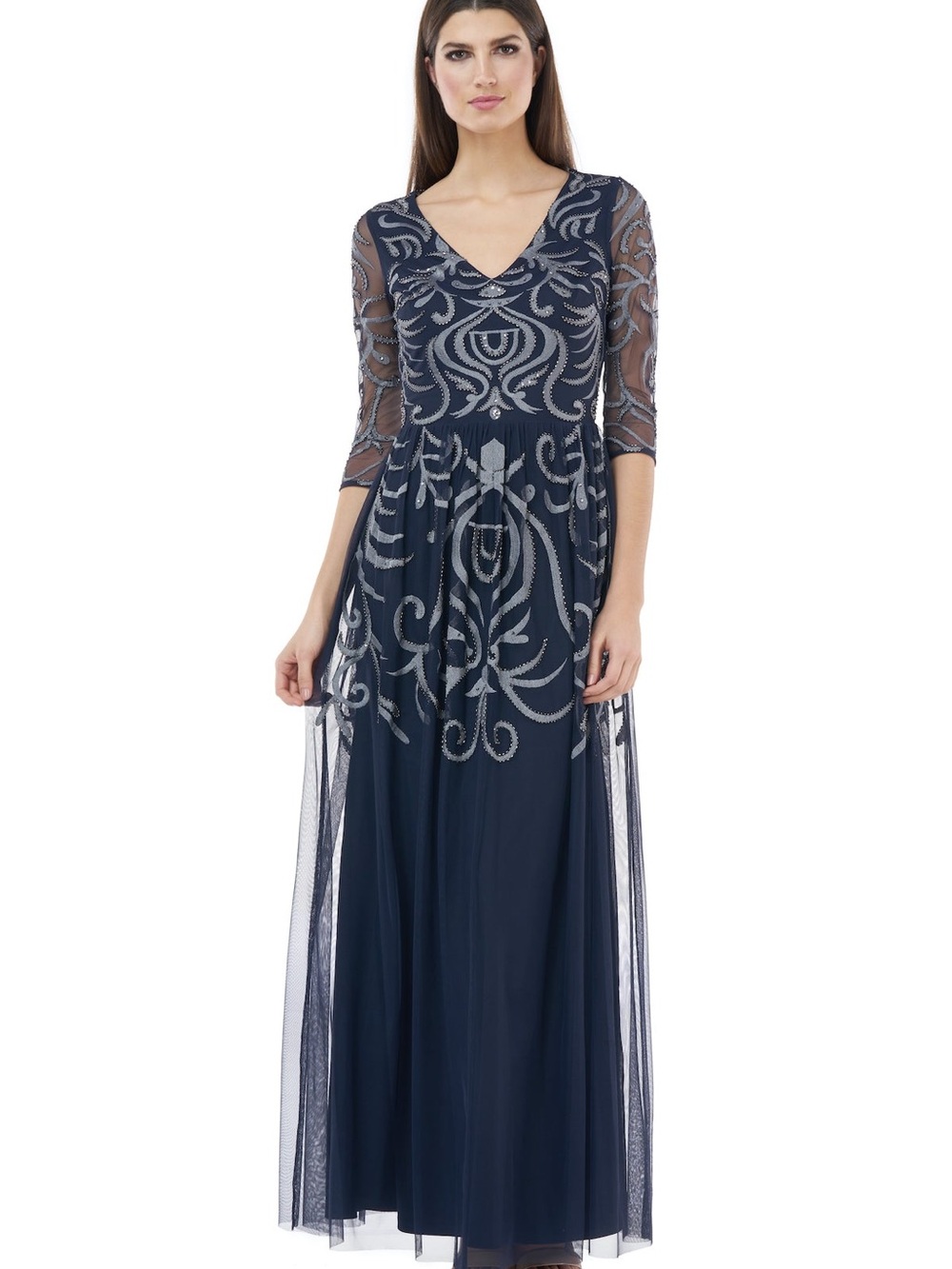 JS Collections Navy Long Sleeve Beaded Evening Dress